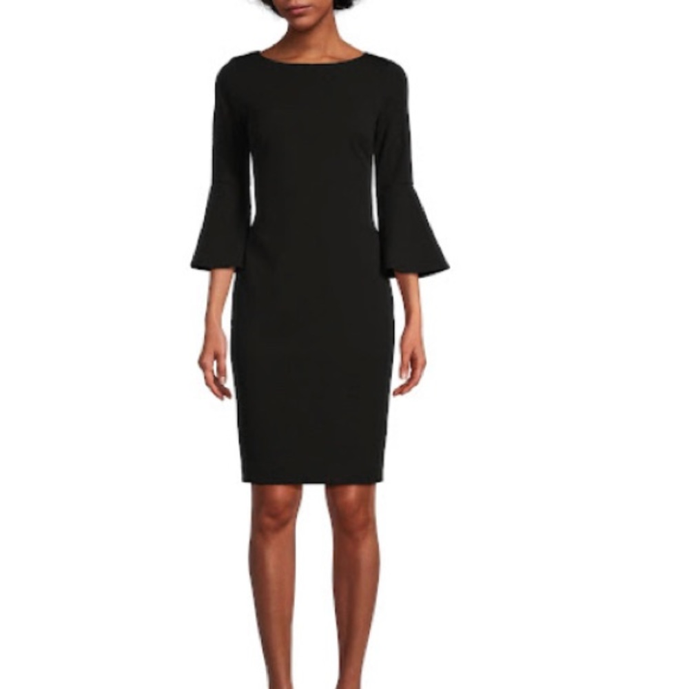Calvin Klein 34 Bell Sleeve Boat Neck Sheath Dress, Womens, 6, Black